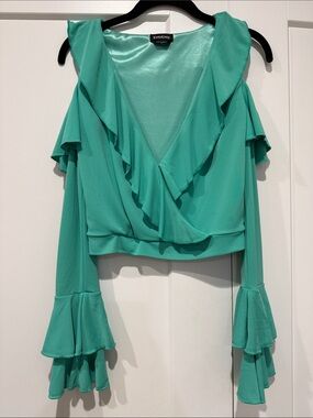 Never Worn bebe Teal Ruffled Cold-Shoulder Wrap Blouse (XS)